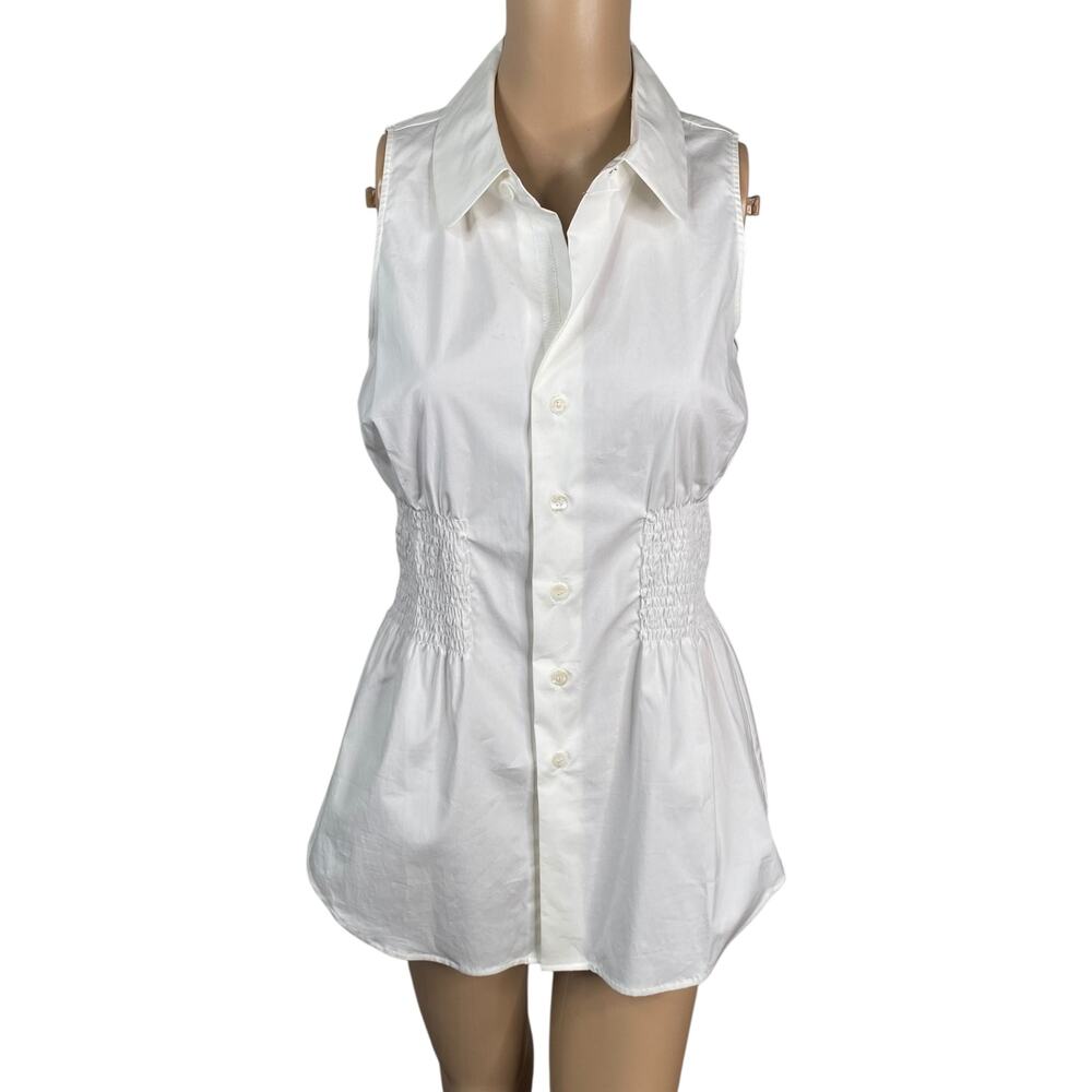 Vintage Anthropologie Fei Smocked Waist Tunic 8 White Cotton Poplin Y2K Chic